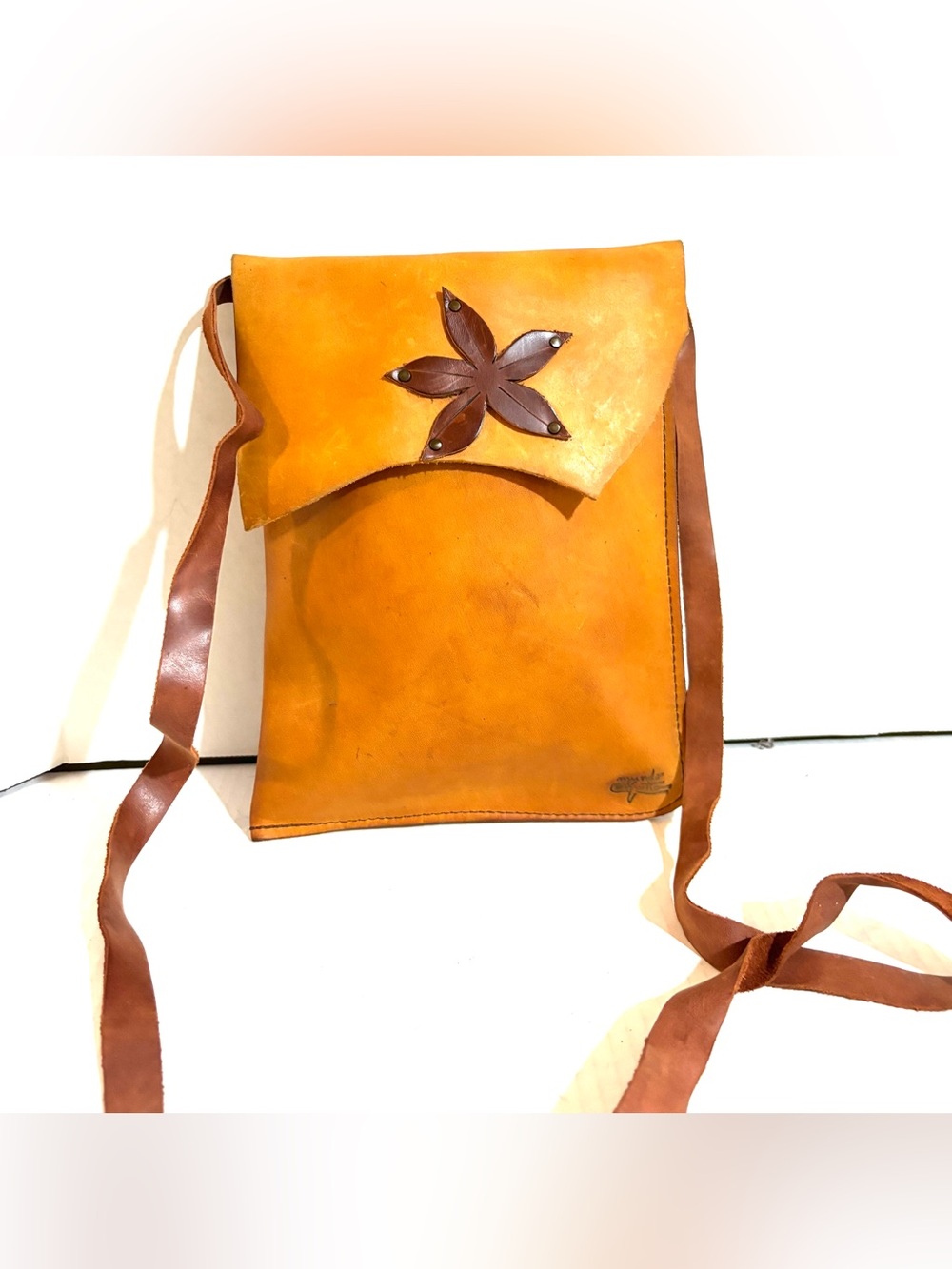 Handmade unisex vintage Artisan Yellow Leather Crossbody Bag with Brown Trim